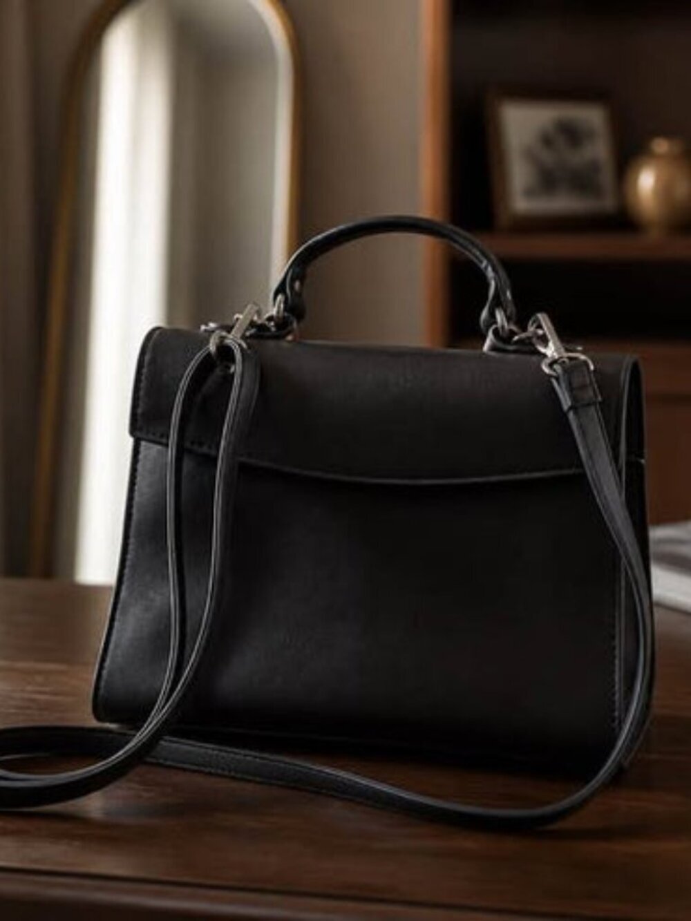 LouLu Black Satchel Handbag Crossbody Shoulder Bag Faux Leather - Picture 3 of 5
